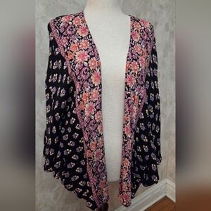 Angie Boho Floral Kimono Open Front Batwing Sleeve Cardigan Black Pink Size M
